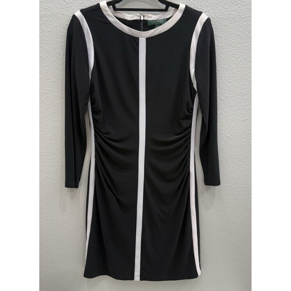 LAUREN Ralph Lauren Dress Size 10 Black White Long Sleeve Classic
